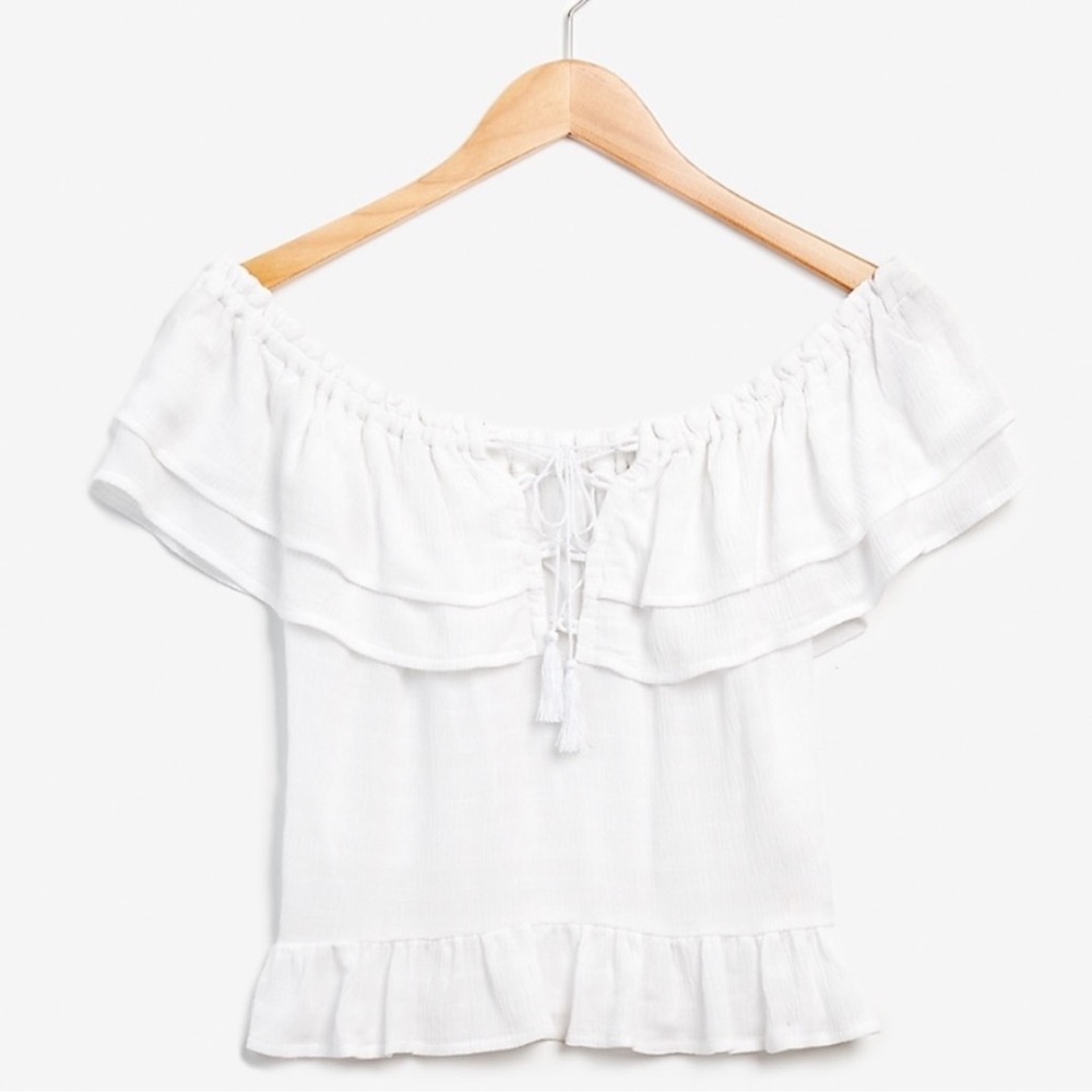 Express white off the shoulder cropped ruffled lace up front blouse top